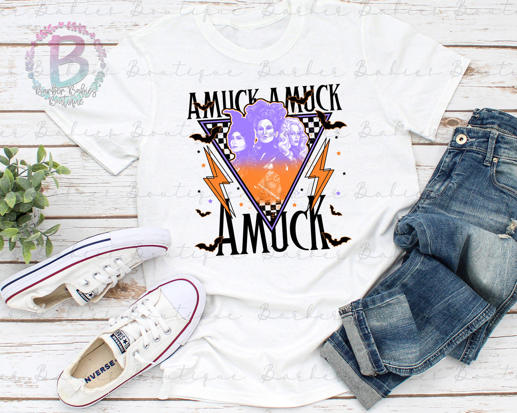 Screen Print Short Sleeve T-Shirt or Bleached Style - A Muck A Muck A Muck - The Sanderson Sisters - Purple and Orange - Halloween Theme
