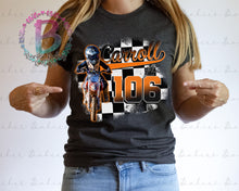 Load image into Gallery viewer, Screen Print Short Sleeve T-Shirt - Custom Racing Design - Carroll - Dirt Bike - Racing - Checkered Flag - Orange and Black - #106 - Custom T-Shirt
