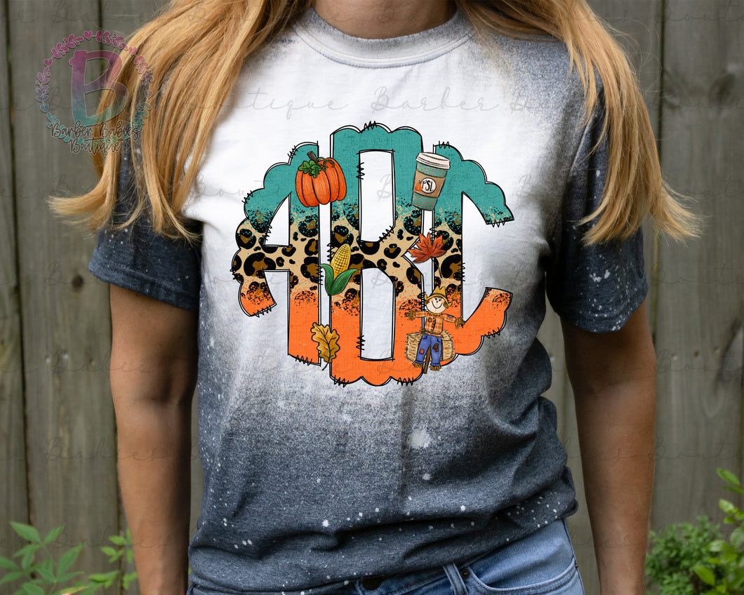 Screen Print Short Sleeve T-Shirt or Bleached Style - Fall Monogram - Teal - Orange - Cheetah - Clipart