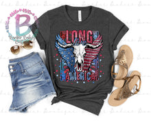 Load image into Gallery viewer, Screen Print Short Sleeve T-Shirt - Long Live America - Skull - Red, White and Blue - Wings - Longhorn Skull - American Flag
