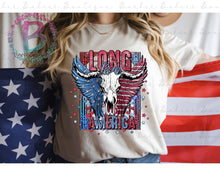 Load image into Gallery viewer, Screen Print Short Sleeve T-Shirt - Long Live America - Skull - Red, White and Blue - Wings - Longhorn Skull - American Flag
