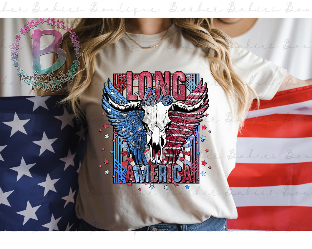 Screen Print Short Sleeve T-Shirt - Long Live America - Skull - Red, White and Blue - Wings - Longhorn Skull - American Flag