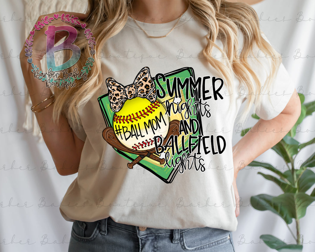Screen Print Short Sleeve T-Shirt - Summer Nights and Ballfield Lights - Softball/Baseball - Cheetah Bow - Bats