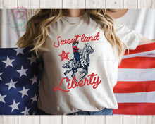 Load image into Gallery viewer, Screen Print Short Sleeve T-Shirt or Bleached Style - Sweet Land of Liberty - 4th of July - Horse - Stars - Red, White and Blue
