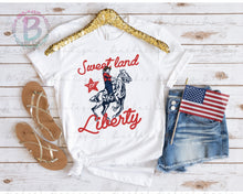 Load image into Gallery viewer, Screen Print Short Sleeve T-Shirt or Bleached Style - Sweet Land of Liberty - 4th of July - Horse - Stars - Red, White and Blue
