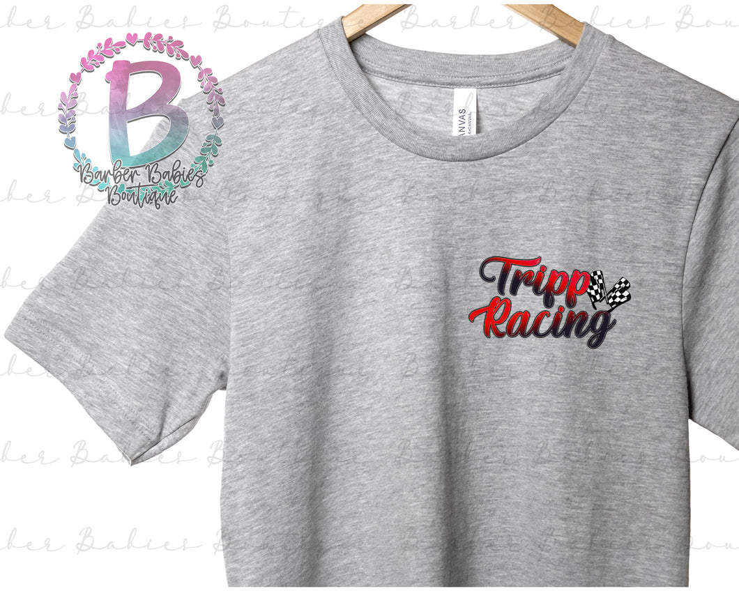 Screen Print Short Sleeve T-Shirt - Custom Racing Design - Tripp - Dirt Track Racing - T74 - Black and Red - Pocket Option - Cheetah Peek a Boo