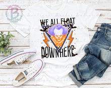 Load image into Gallery viewer, Screen Print Short Sleeve T-Shirt or Bleached Style - We All Float Down Here - Pennywise The Clown - Halloween Theme - Purple and Orange
