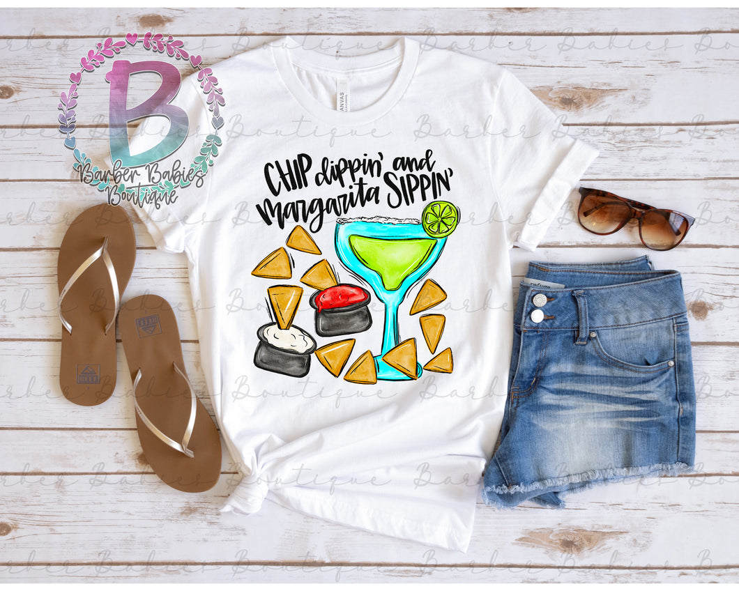 Screen Print Short Sleeve T-Shirt - Chip Dippin' and Margarita Sippin' - Funny - Chips and Salsa - Cheese Dip - Cute